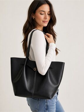 A New Day Black Belted Pinched Handle Large Tote Bag Faux Leather Snap Closure